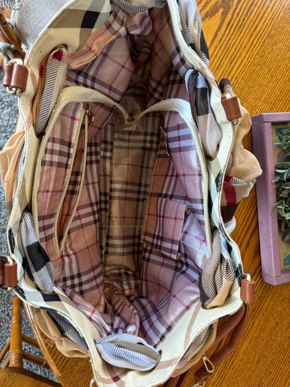Burberry Logo Brown, Beige & Cream Check Tote with Scarf Accent - Picture 2 of 5